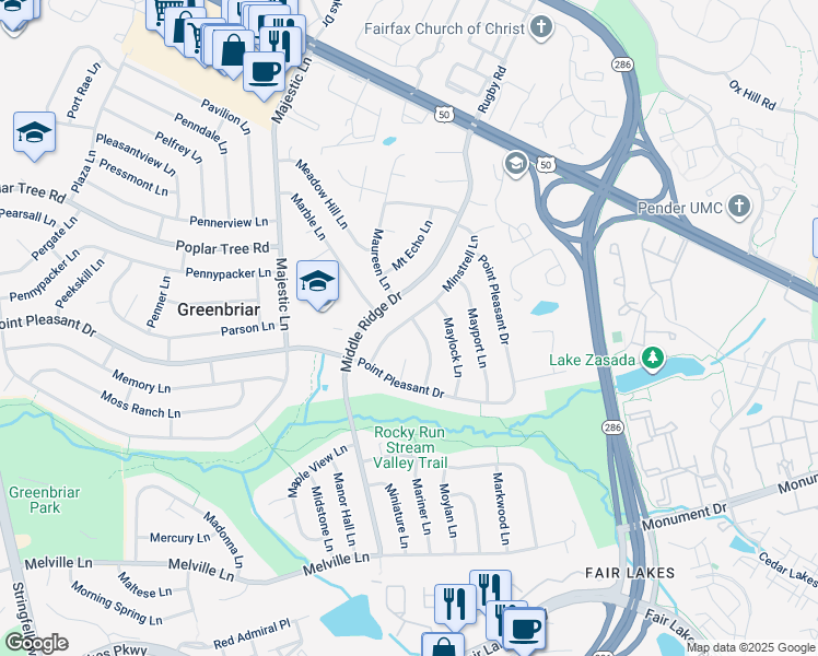 map of restaurants, bars, coffee shops, grocery stores, and more near 4217 Minstrell Lane in Fairfax