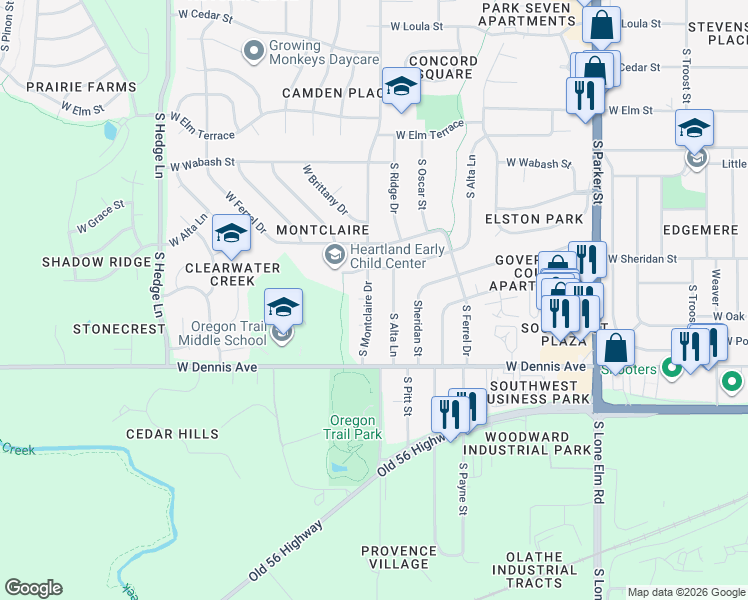 map of restaurants, bars, coffee shops, grocery stores, and more near 809 South Alta Lane in Olathe
