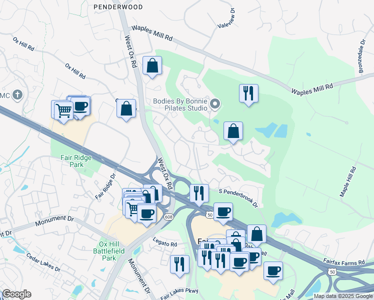 map of restaurants, bars, coffee shops, grocery stores, and more near 12162 Penderview Lane in Fairfax