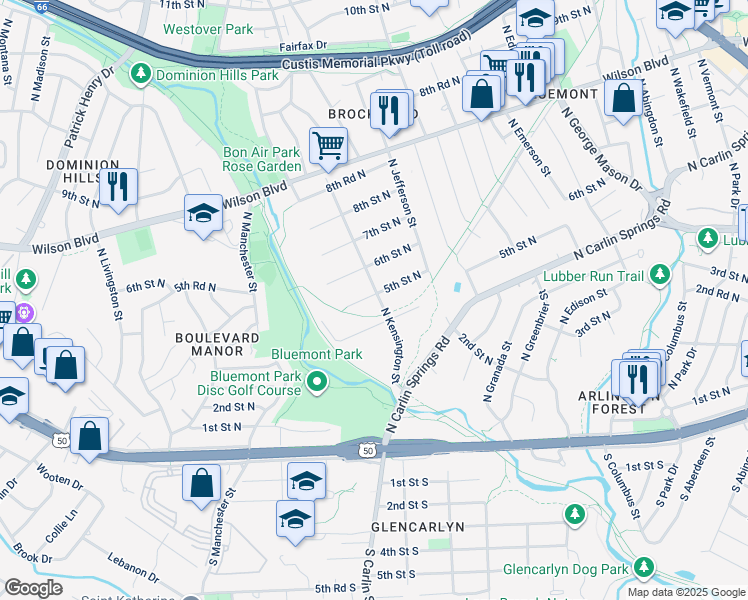 map of restaurants, bars, coffee shops, grocery stores, and more near 416 North Kensington Street in Arlington