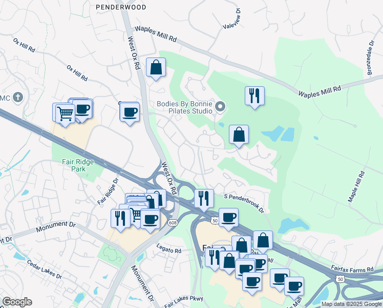 map of restaurants, bars, coffee shops, grocery stores, and more near 12162 Penderview Lane in Fairfax