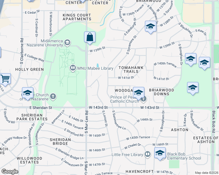 map of restaurants, bars, coffee shops, grocery stores, and more near 16309 West 141st Terrace in Olathe