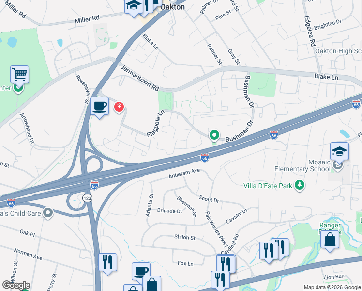 map of restaurants, bars, coffee shops, grocery stores, and more near 3178 Summit Square Drive in Oakton