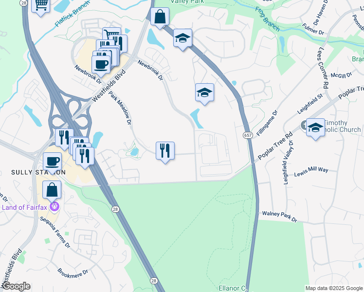 map of restaurants, bars, coffee shops, grocery stores, and more near 14100 Park Meadow Drive in Chantilly