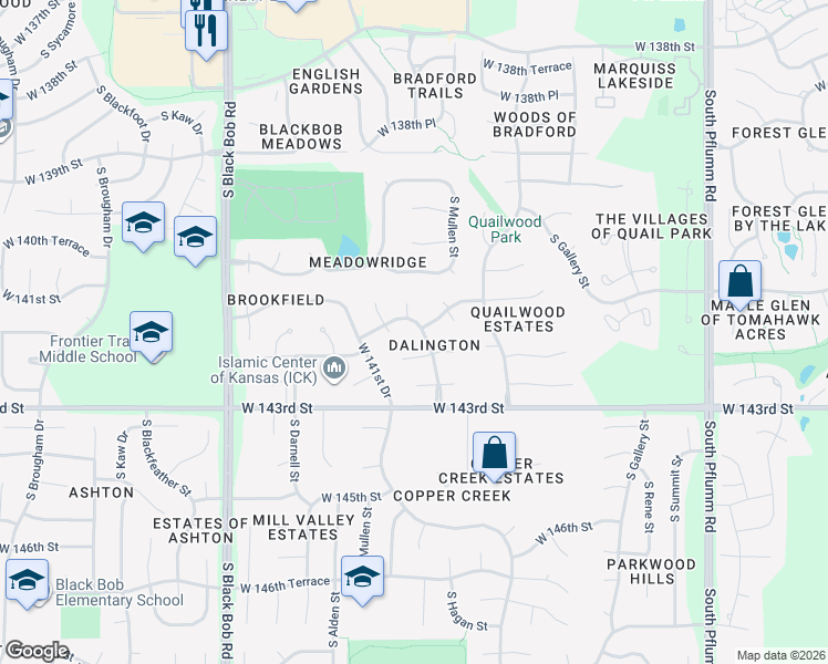 map of restaurants, bars, coffee shops, grocery stores, and more near 14352 West 142nd Street in Olathe