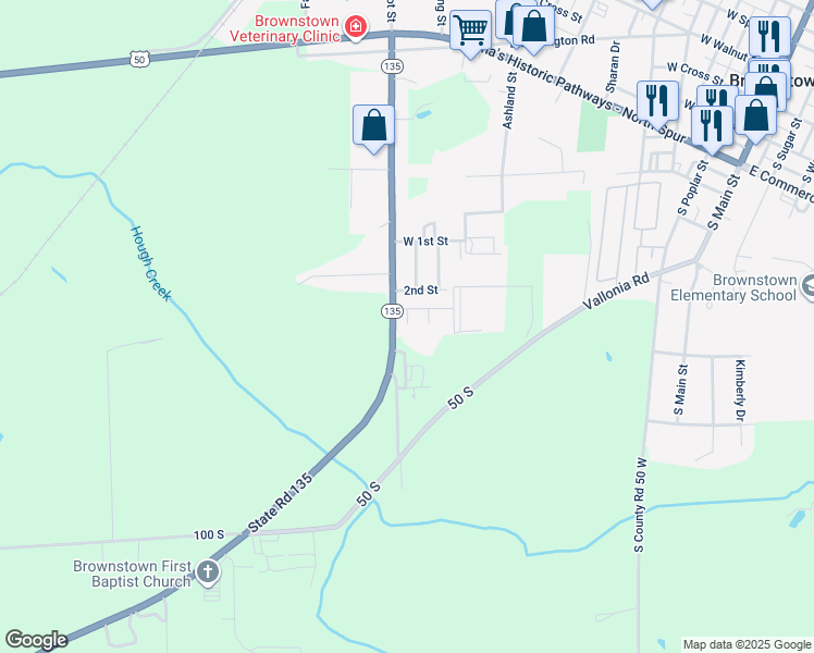 map of restaurants, bars, coffee shops, grocery stores, and more near 800 West Sweet Street in Brownstown