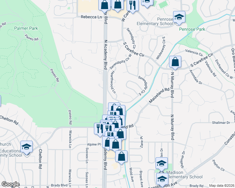 map of restaurants, bars, coffee shops, grocery stores, and more near 2605 Hearthwood Lane in Colorado Springs