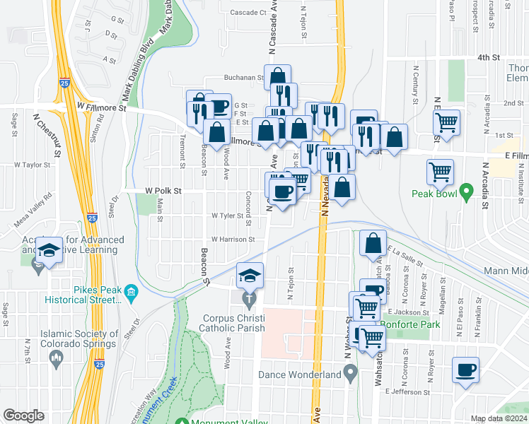 map of restaurants, bars, coffee shops, grocery stores, and more near 2727 North Cascade Avenue in Colorado Springs
