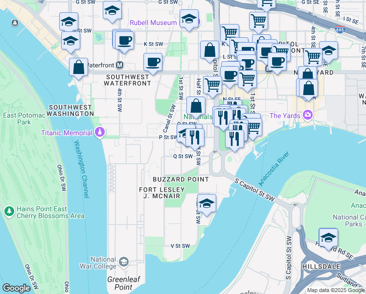 map of restaurants, bars, coffee shops, grocery stores, and more near 101 Independence Avenue Southeast in Washington