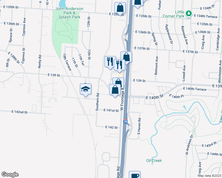 map of restaurants, bars, coffee shops, grocery stores, and more near 5510 East 139 Terrace in Grandview