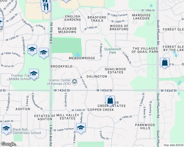 map of restaurants, bars, coffee shops, grocery stores, and more near 14352 West 142nd Street in Olathe