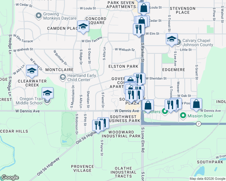 map of restaurants, bars, coffee shops, grocery stores, and more near 905 South Edgebrook Lane in Olathe