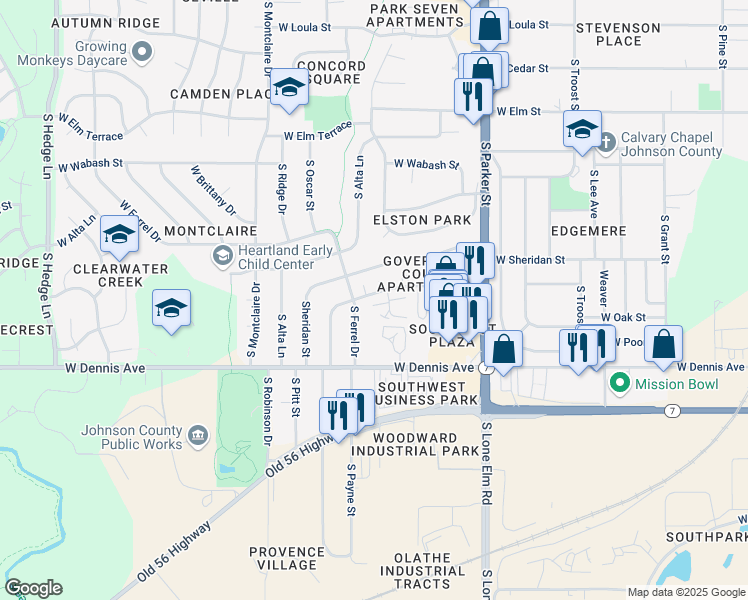 map of restaurants, bars, coffee shops, grocery stores, and more near 905 South Edgebrook Lane in Olathe