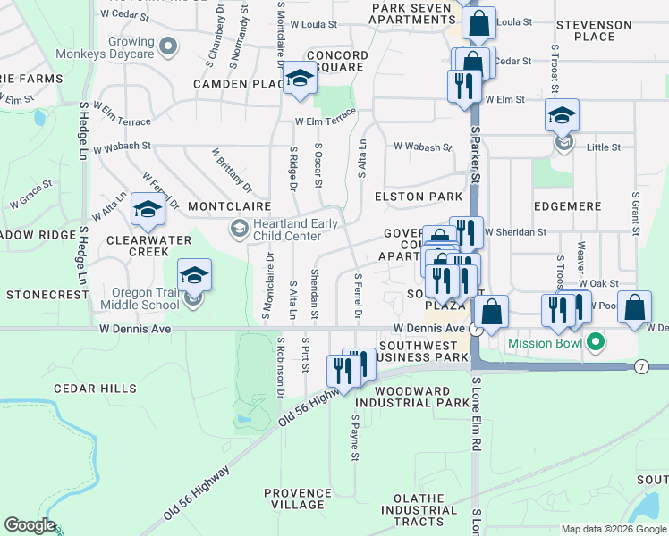 map of restaurants, bars, coffee shops, grocery stores, and more near 801 South Ferrel Drive in Olathe