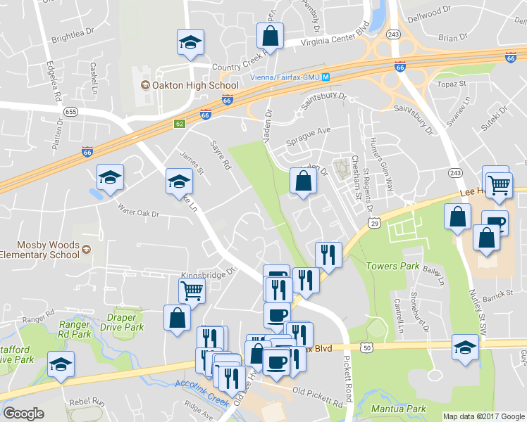 map of restaurants, bars, coffee shops, grocery stores, and more near 9606 Lindenbrook Street in Fairfax