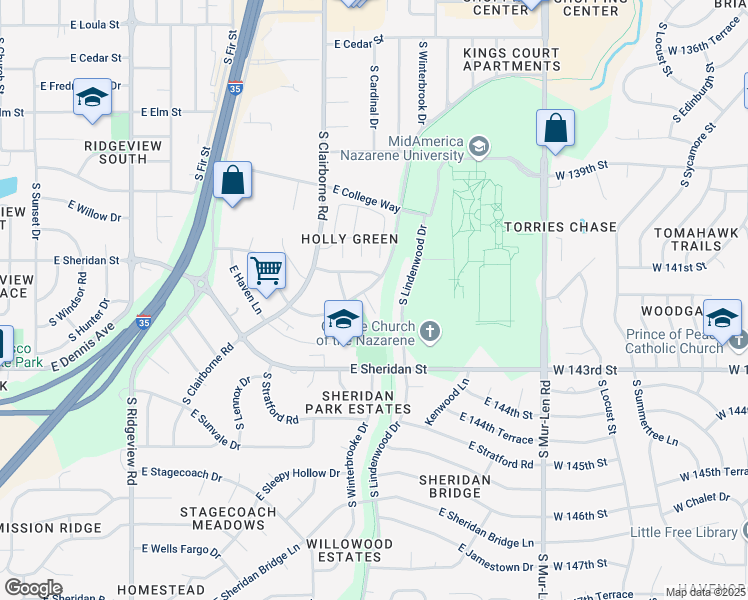 map of restaurants, bars, coffee shops, grocery stores, and more near 817 South Medford Circle in Olathe