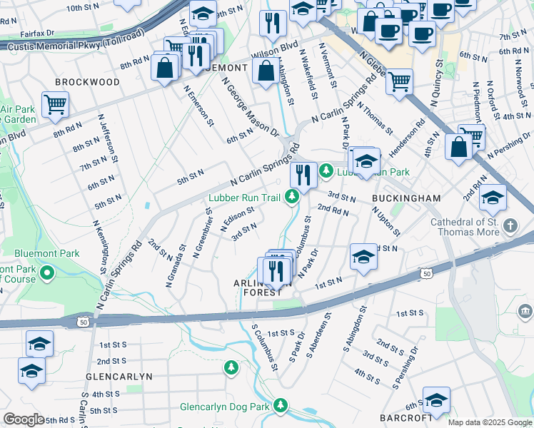 map of restaurants, bars, coffee shops, grocery stores, and more near 309 North Emerson Street in Arlington
