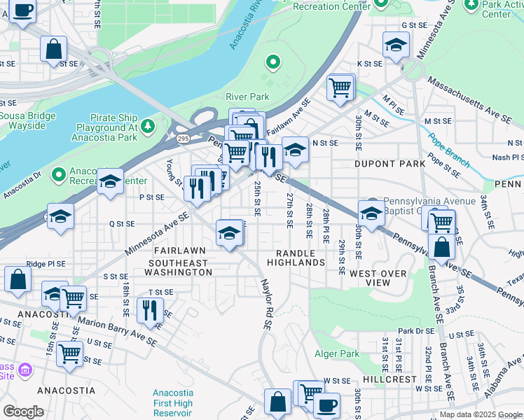 map of restaurants, bars, coffee shops, grocery stores, and more near 1534 25th Street Southeast in Washington