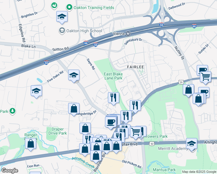 map of restaurants, bars, coffee shops, grocery stores, and more near 9606 Lindenbrook Street in Fairfax