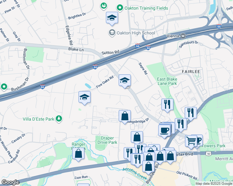 map of restaurants, bars, coffee shops, grocery stores, and more near 9724 Water Oak Drive in Fairfax