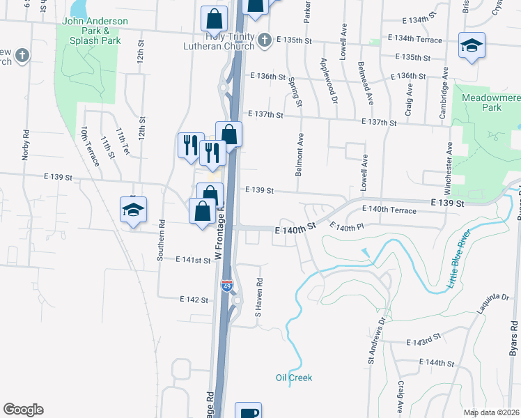 map of restaurants, bars, coffee shops, grocery stores, and more near 6101 East 139 Street in Grandview