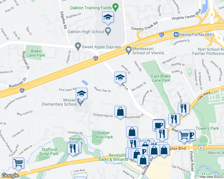 map of restaurants, bars, coffee shops, grocery stores, and more near 9724 Water Oak Drive in Fairfax