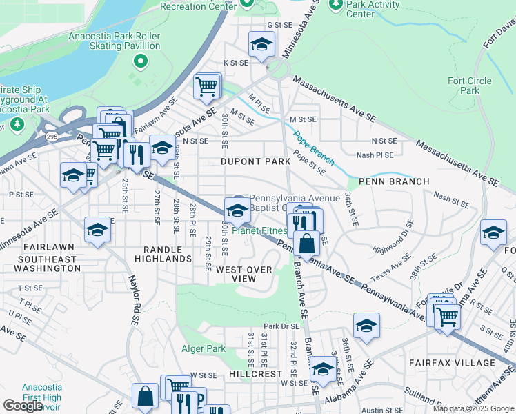 map of restaurants, bars, coffee shops, grocery stores, and more near 3050 Q Street Southeast in Washington