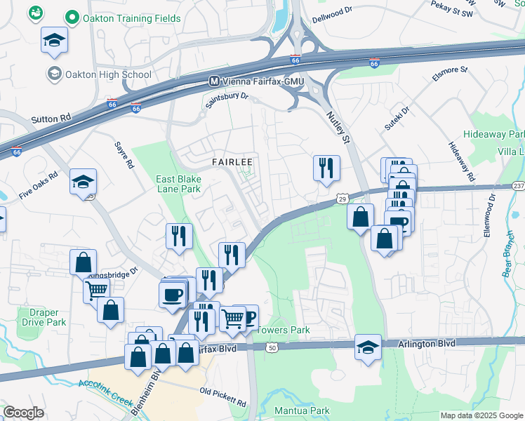 map of restaurants, bars, coffee shops, grocery stores, and more near 9652 Pullman Place in Fairfax