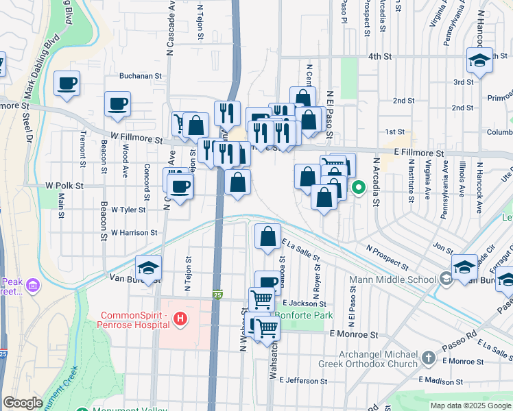 map of restaurants, bars, coffee shops, grocery stores, and more near 275 East Polk Street in Colorado Springs