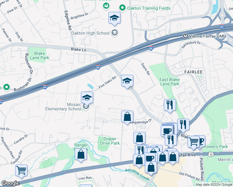 map of restaurants, bars, coffee shops, grocery stores, and more near 9726 Water Oak Drive in Fairfax