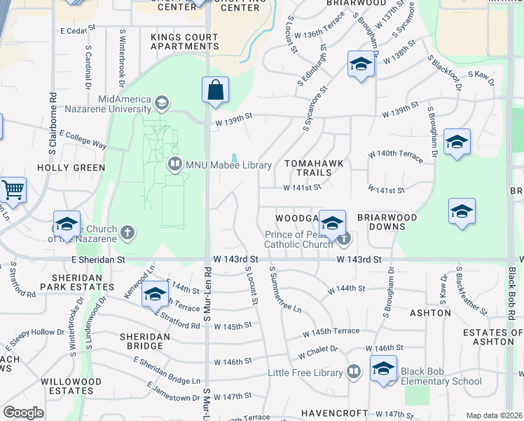 map of restaurants, bars, coffee shops, grocery stores, and more near 16311 West 141st Terrace in Olathe