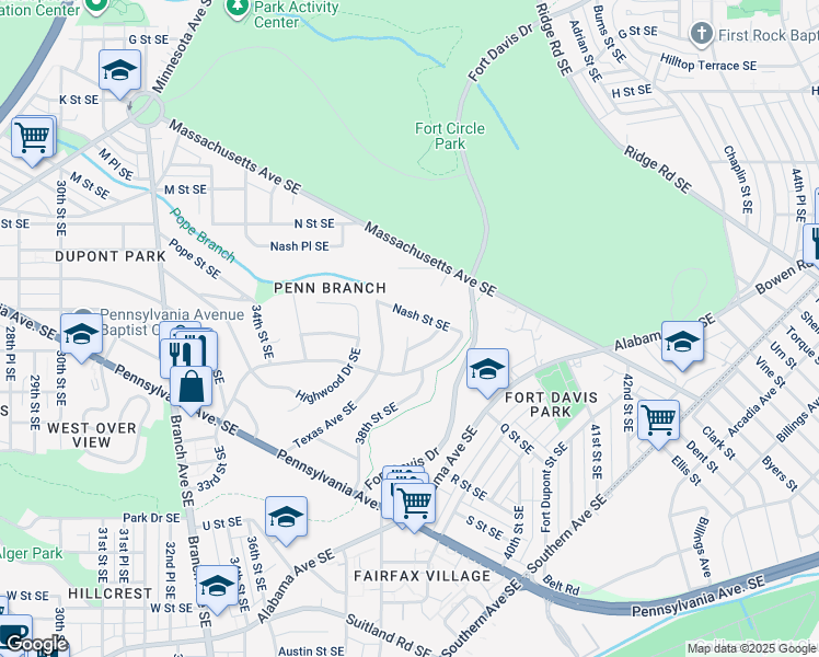 map of restaurants, bars, coffee shops, grocery stores, and more near 1500 38th Street Southeast in Washington