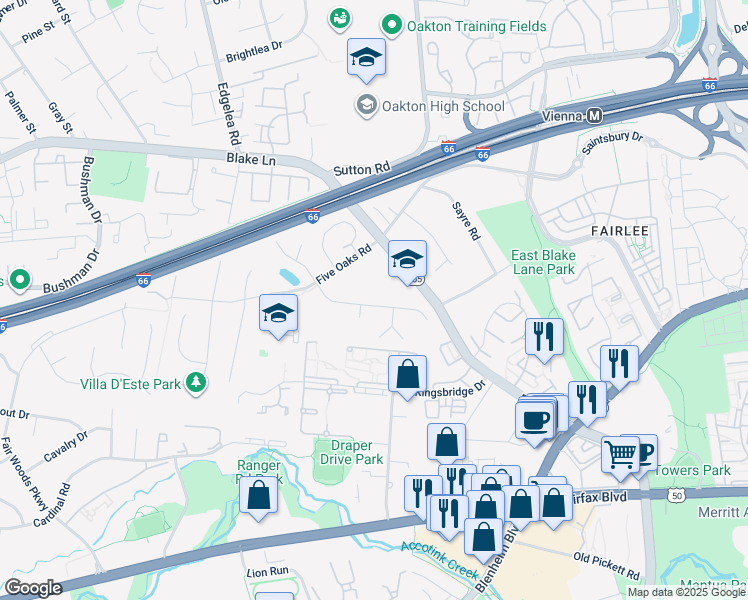 map of restaurants, bars, coffee shops, grocery stores, and more near 9726 Water Oak Drive in Fairfax