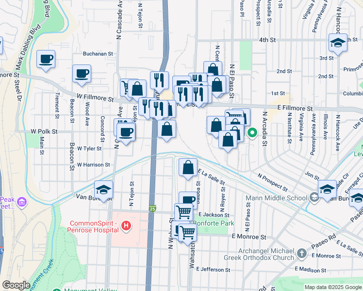 map of restaurants, bars, coffee shops, grocery stores, and more near 275 East Polk Street in Colorado Springs