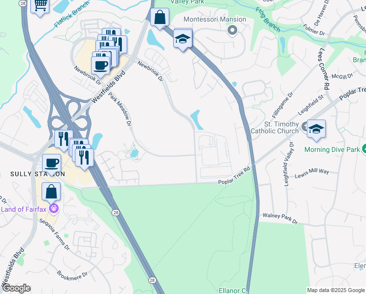 map of restaurants, bars, coffee shops, grocery stores, and more near 14100 Park Meadow Drive in Chantilly