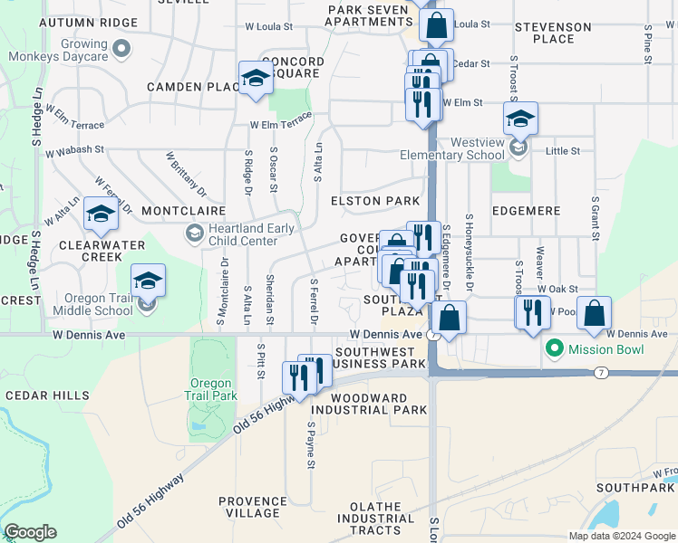 map of restaurants, bars, coffee shops, grocery stores, and more near 901 South Edgebrook Lane in Olathe