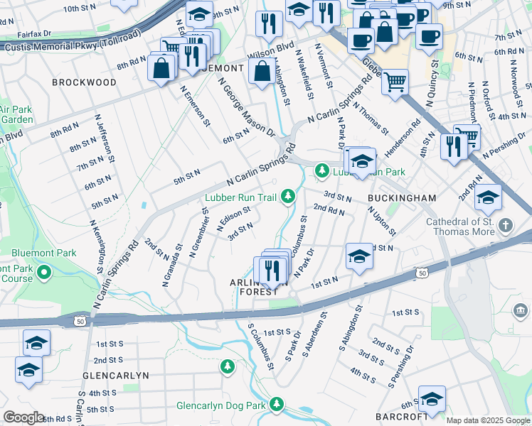 map of restaurants, bars, coffee shops, grocery stores, and more near 309 North Emerson Street in Arlington