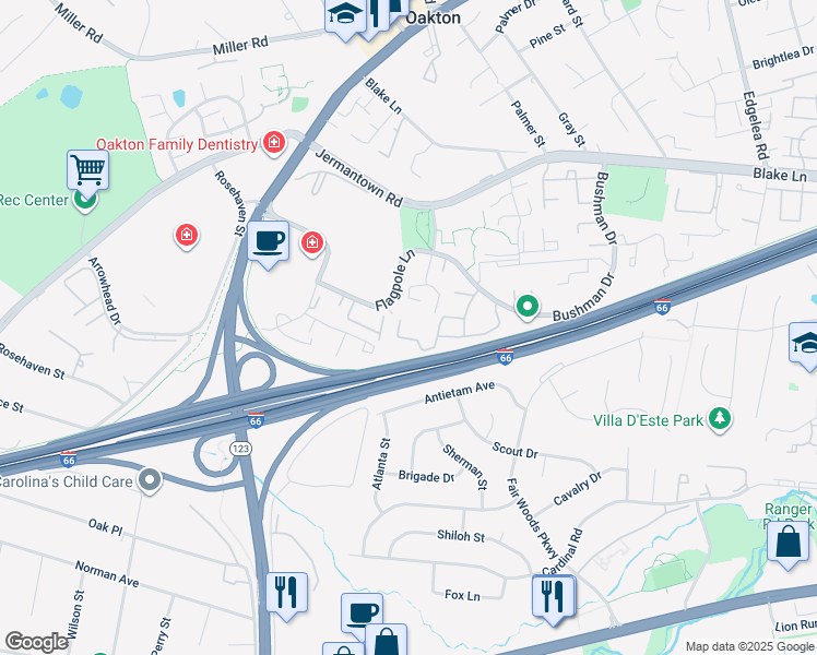 map of restaurants, bars, coffee shops, grocery stores, and more near 10302 Appalachian Circle in Oakton