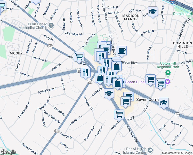 map of restaurants, bars, coffee shops, grocery stores, and more near 6349 Leesburg Pike in Seven Corners