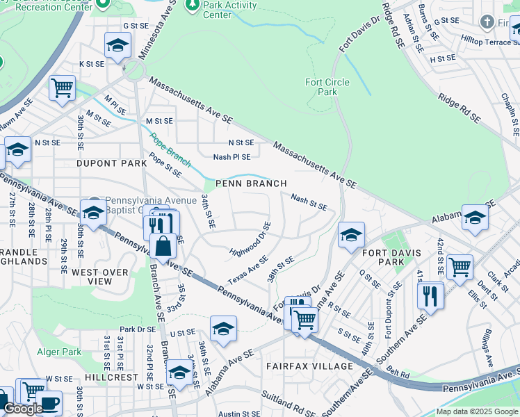 map of restaurants, bars, coffee shops, grocery stores, and more near 3534 Pope Street Southeast in Washington