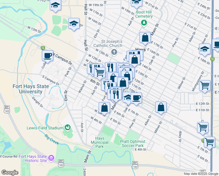 map of restaurants, bars, coffee shops, grocery stores, and more near 811 Fort Street in Hays