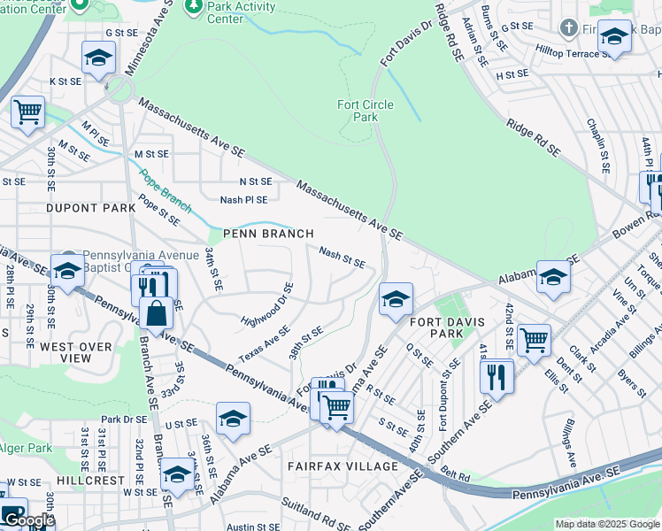 map of restaurants, bars, coffee shops, grocery stores, and more near 1500 38th Street Southeast in Washington
