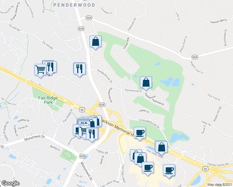 map of restaurants, bars, coffee shops, grocery stores, and more near 12164 Penderview Lane in Fairfax