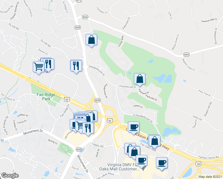 map of restaurants, bars, coffee shops, grocery stores, and more near 12164 Penderview Lane in Fairfax