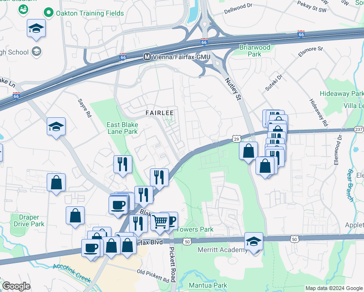 map of restaurants, bars, coffee shops, grocery stores, and more near 9648 Pullman Place in Fairfax