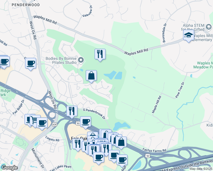 map of restaurants, bars, coffee shops, grocery stores, and more near 11908 Parkland Court in Fairfax
