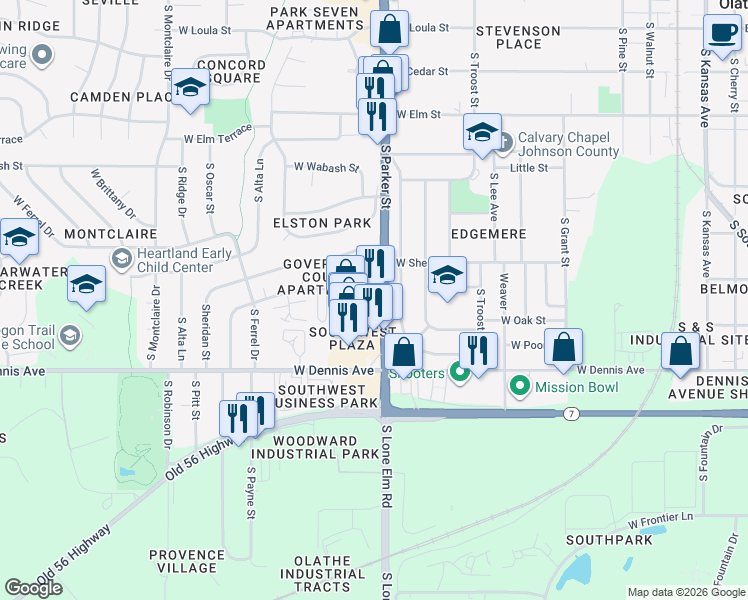 map of restaurants, bars, coffee shops, grocery stores, and more near 879 South Parker Street in Olathe