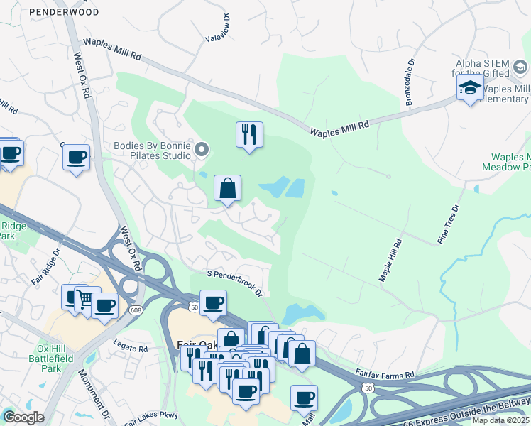 map of restaurants, bars, coffee shops, grocery stores, and more near 11908 Parkland Court in Fairfax
