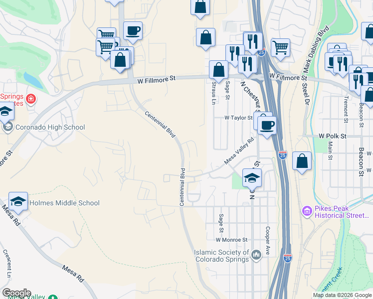 map of restaurants, bars, coffee shops, grocery stores, and more near 794 Little Bear Grove in Colorado Springs