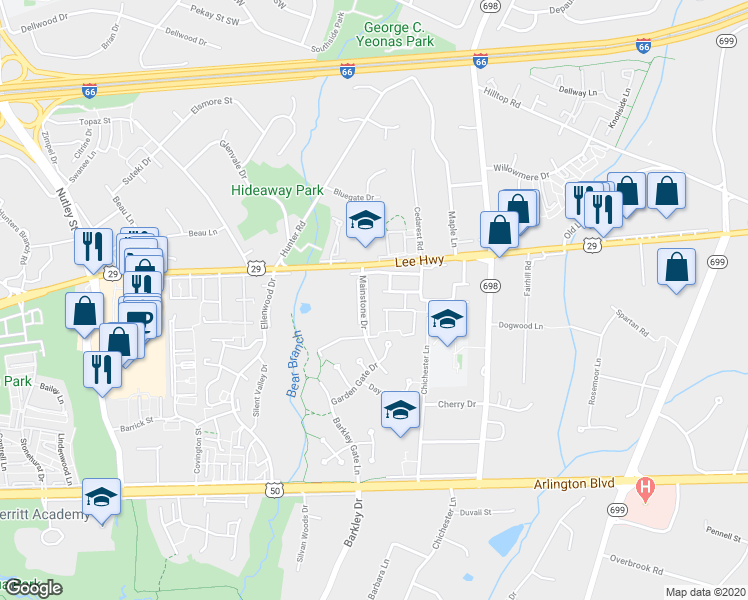 map of restaurants, bars, coffee shops, grocery stores, and more near 2933 Mainstone Drive in Fairfax
